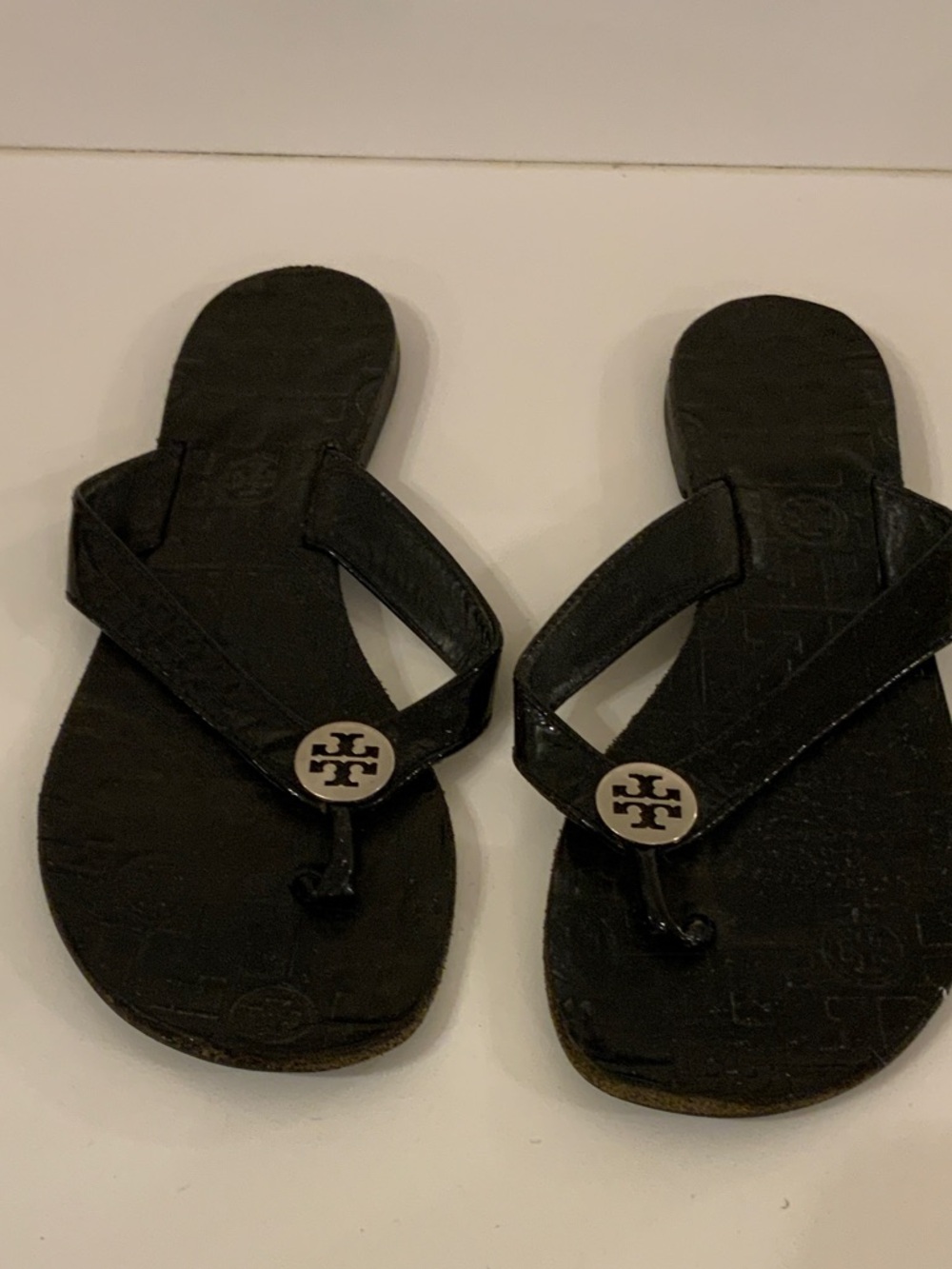 Tory Burch Black Patent Logo Thong Sandals